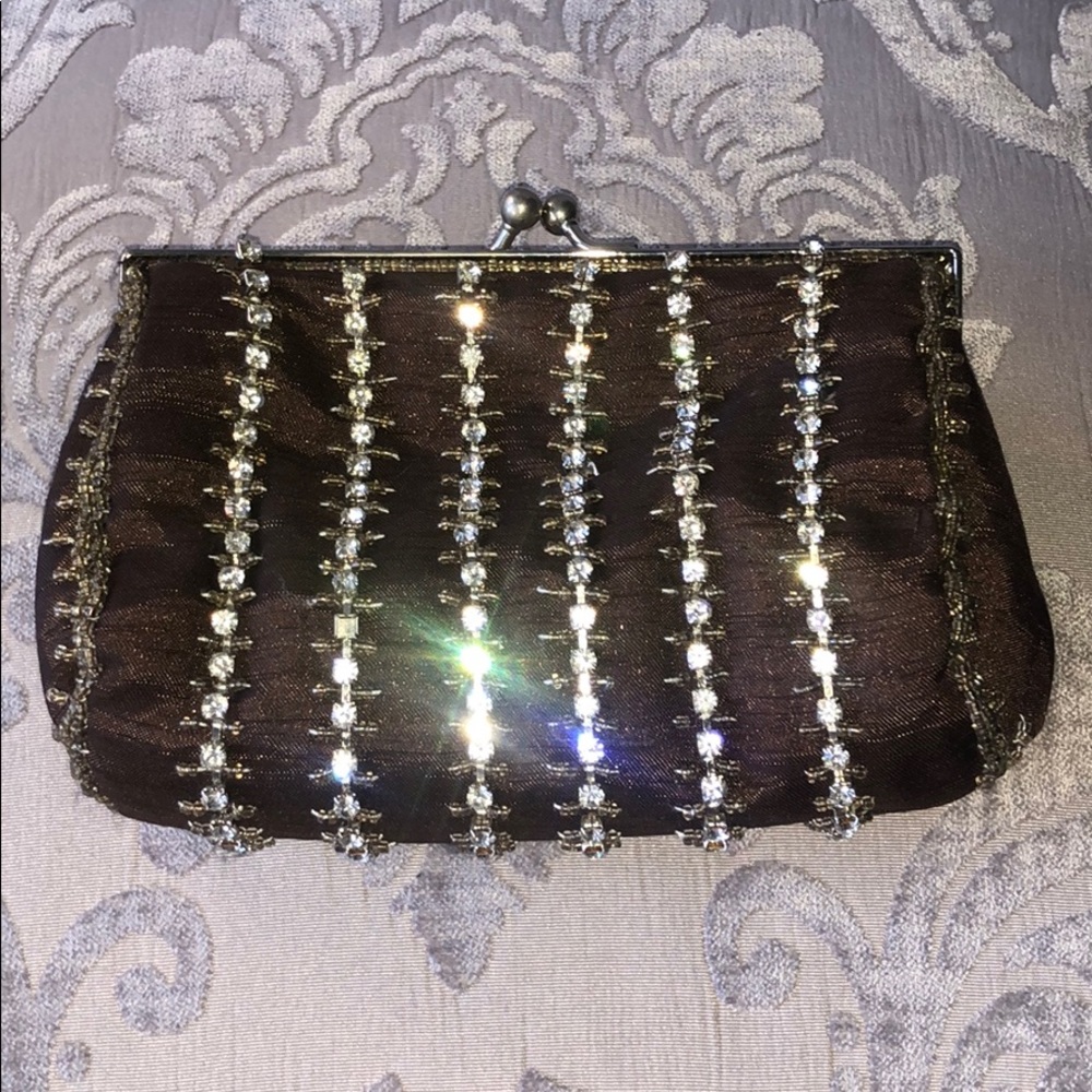 Aldo brown silk and rhinestone/beaded clutch.